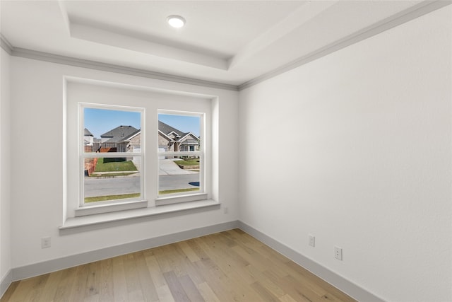 unfurnished room with ornamental molding, light hardwood / wood-style flooring, and a tray ceiling