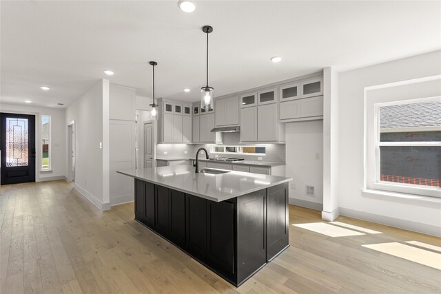 5249 Deep Creek Dr, Fort Worth, TX 76179 - kitchen featuring baseboards, under cabinet range hood, light wood-style flooring, light countertops, and an island with sink