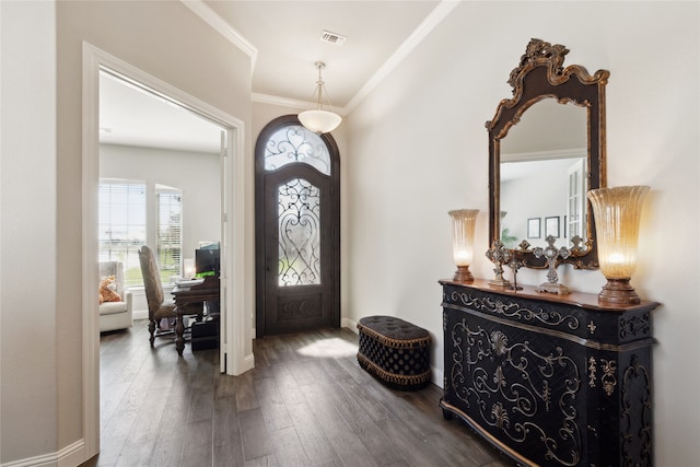 entryway featuring dark hardwood / wood-style floors and ornamental molding