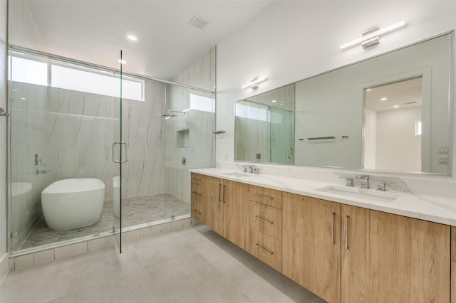 bathroom with vanity and separate shower and tub