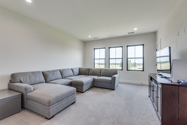 living room with light colored carpet