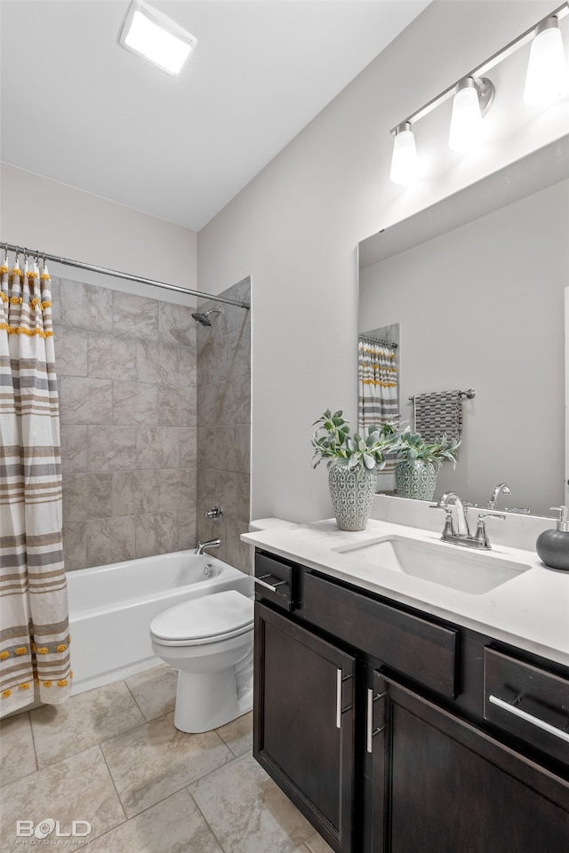 full bathroom with shower / bath combo with shower curtain, vanity, tile patterned flooring, and toilet