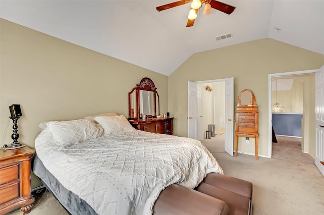 bedroom with ceiling fan, baseboards, light colored carpet, lofted ceiling, and visible vents