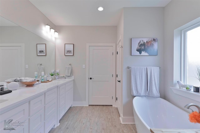 bathroom featuring a bath, vanity, and wood-type flooring