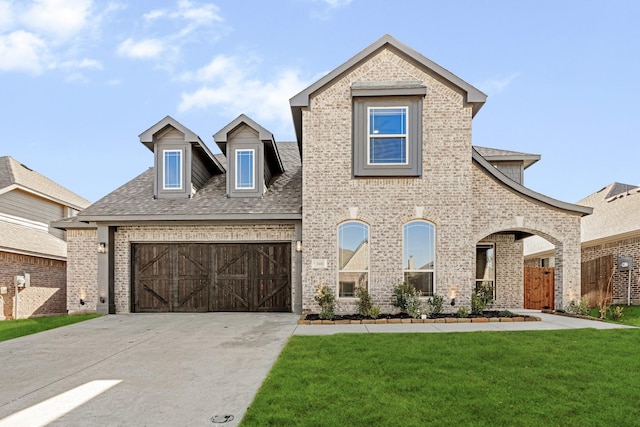 view of front of home featuring a garage and a front lawn