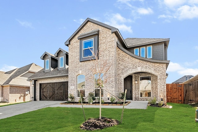 view of front of property with a garage and a front lawn