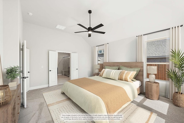 bedroom with light colored carpet, ceiling fan, and lofted ceiling