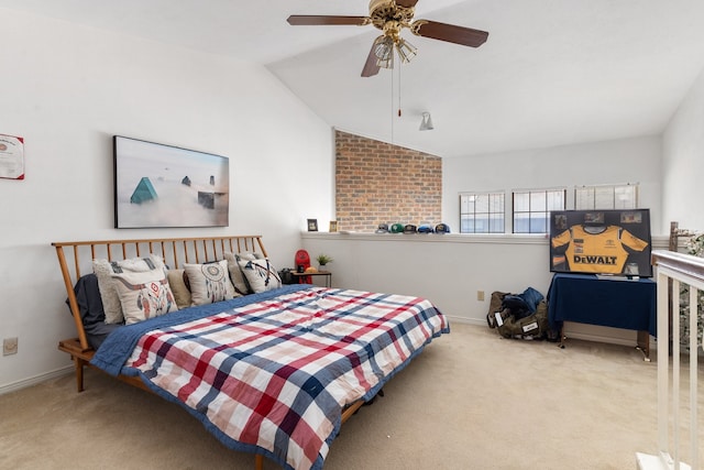 bedroom with carpet flooring, ceiling fan, and vaulted ceiling