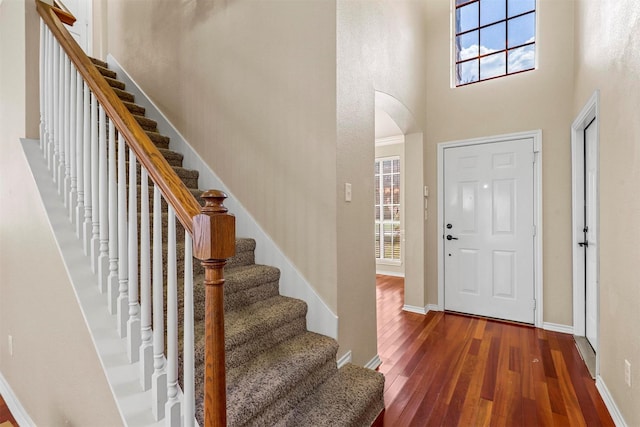 entrance foyer with dark hardwood / wood-style floors, a wealth of natural light, and a towering ceiling