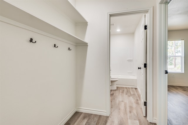 mudroom with light hardwood / wood-style flooring