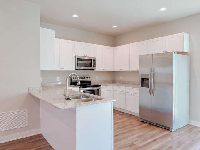 kitchen featuring sink, light wood-type flooring, white cabinetry, kitchen peninsula, and stainless steel appliances