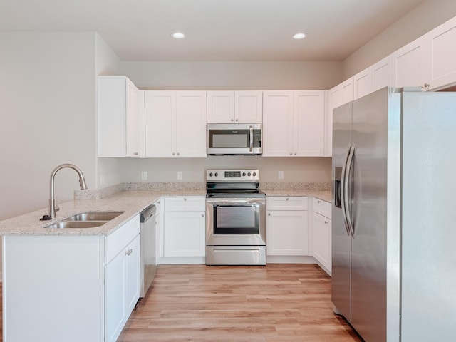 kitchen featuring white cabinets, sink, kitchen peninsula, and stainless steel appliances