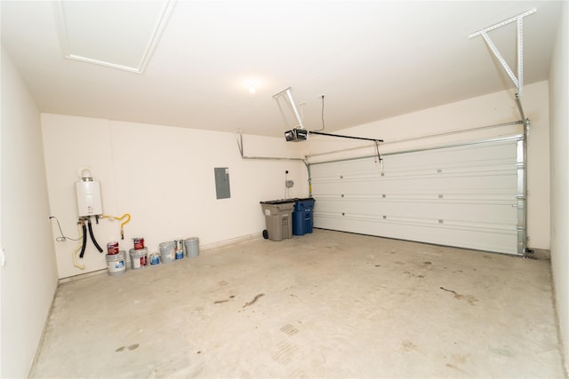 garage featuring electric panel, water heater, and a garage door opener