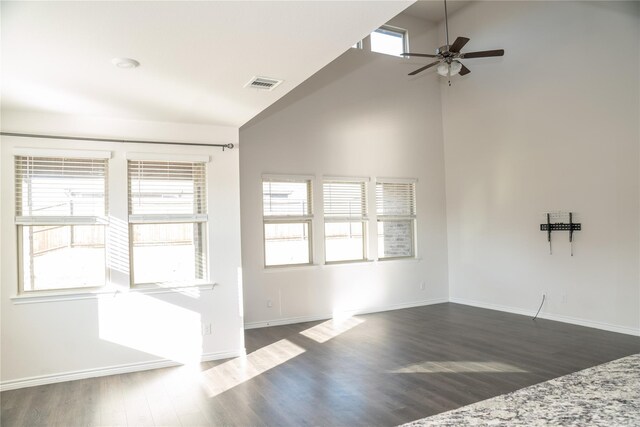 interior space featuring high vaulted ceiling, ceiling fan, and dark hardwood / wood-style floors