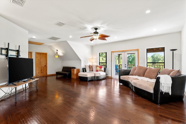 living room with ceiling fan, dark hardwood / wood-style flooring, and french doors