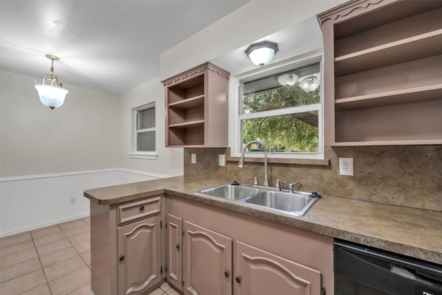 kitchen with dishwasher, sink, light tile patterned floors, tasteful backsplash, and kitchen peninsula