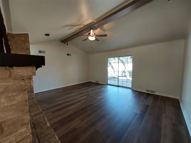 unfurnished living room featuring vaulted ceiling with beams, ceiling fan, and dark wood-type flooring