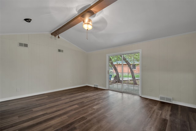 unfurnished room featuring vaulted ceiling with beams, ceiling fan, and dark wood-type flooring