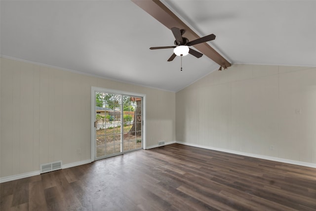 empty room with vaulted ceiling with beams, ceiling fan, ornamental molding, and dark wood-type flooring