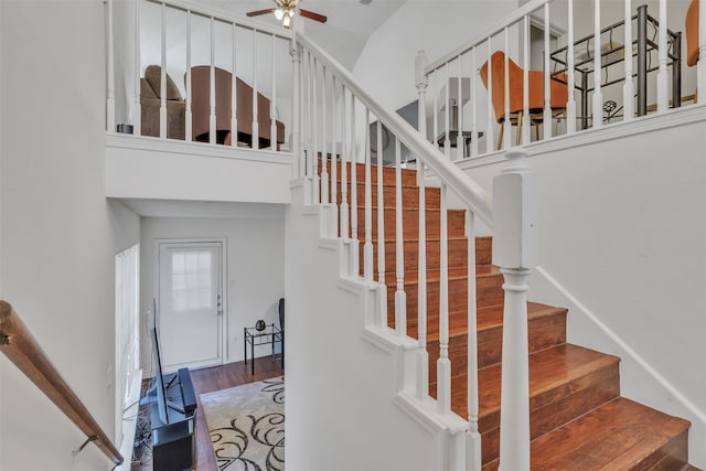 staircase featuring ceiling fan and hardwood / wood-style flooring