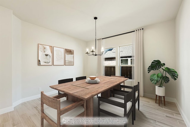 dining space with an inviting chandelier and light hardwood / wood-style flooring