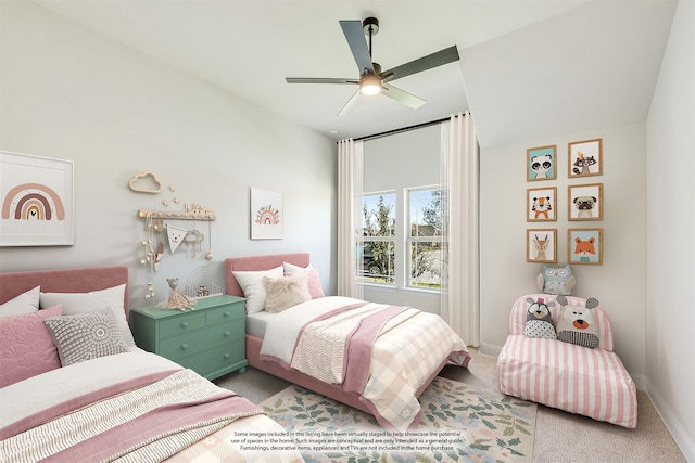 bedroom with light carpet and ceiling fan