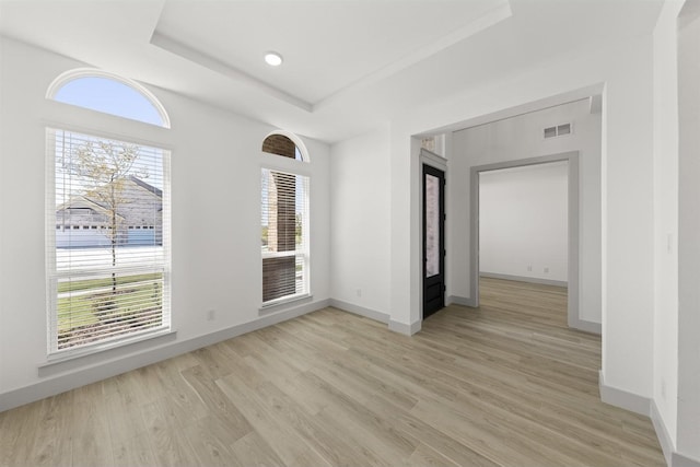 spare room with a raised ceiling and light wood-type flooring