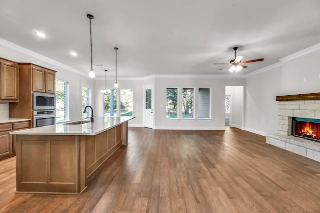 kitchen featuring stainless steel appliances, dark wood-type flooring, sink, a kitchen island with sink, and ornamental molding