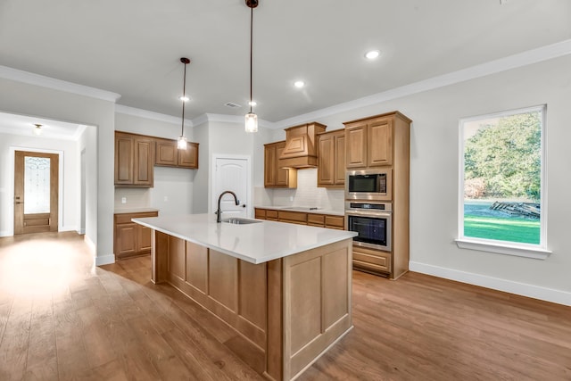 kitchen featuring light hardwood / wood-style floors, sink, appliances with stainless steel finishes, an island with sink, and pendant lighting