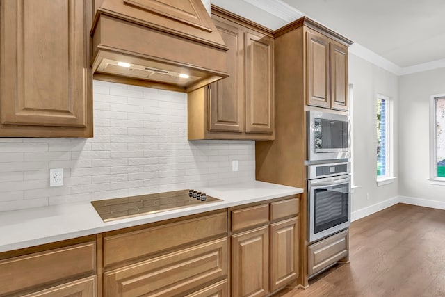 kitchen featuring tasteful backsplash, crown molding, appliances with stainless steel finishes, dark wood-type flooring, and custom exhaust hood