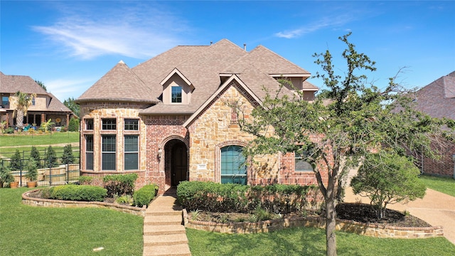 french country inspired facade featuring a front lawn