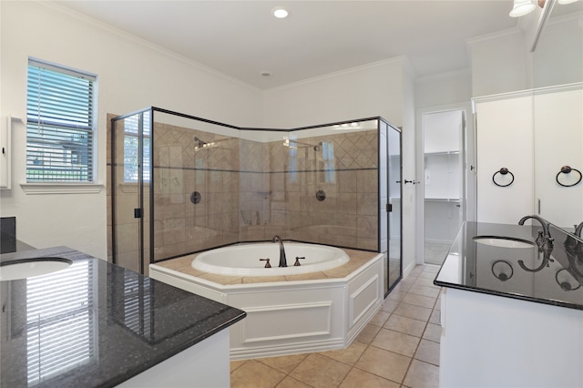 bathroom featuring separate shower and tub, tile patterned floors, dual vanity, and ornamental molding