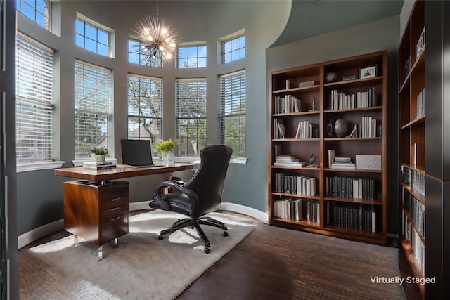 office with hardwood / wood-style floors, an inviting chandelier, and a wealth of natural light