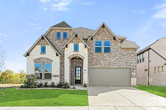 view of front of house with driveway, brick siding, a garage, roof with shingles, and a front lawn