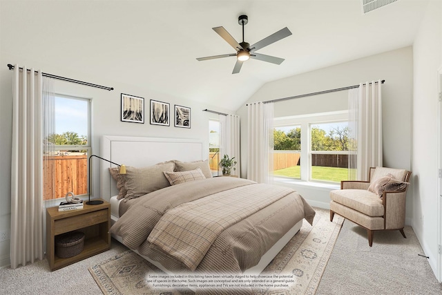 carpeted bedroom featuring ceiling fan and lofted ceiling