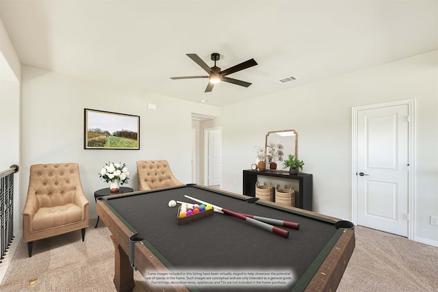 playroom with pool table, light carpet, and ceiling fan