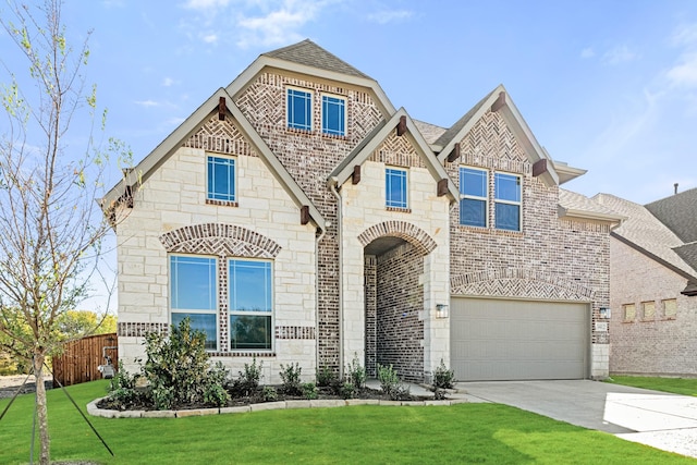 craftsman-style home featuring fence, brick siding, concrete driveway, a garage, and a front lawn