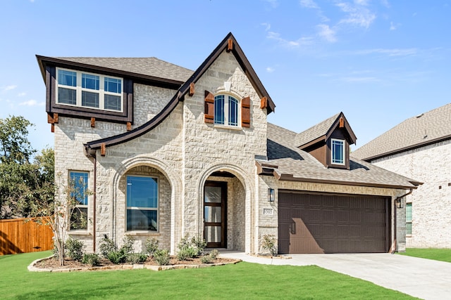 french country inspired facade featuring a front yard