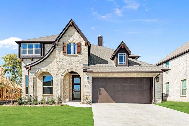 french provincial home featuring a garage and a front lawn