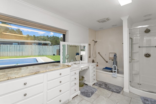 bathroom with ornamental molding, vanity, tile patterned floors, and an enclosed shower