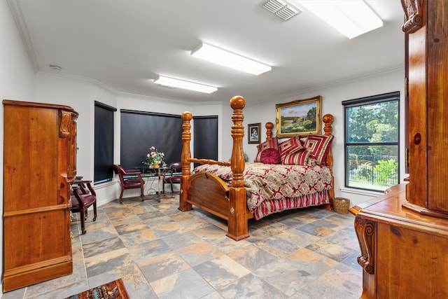 tiled bedroom with crown molding