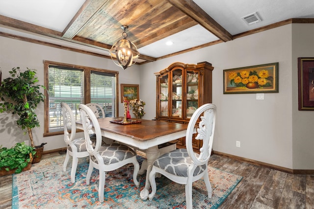 dining area featuring beam ceiling, dark hardwood / wood-style floors, and a chandelier