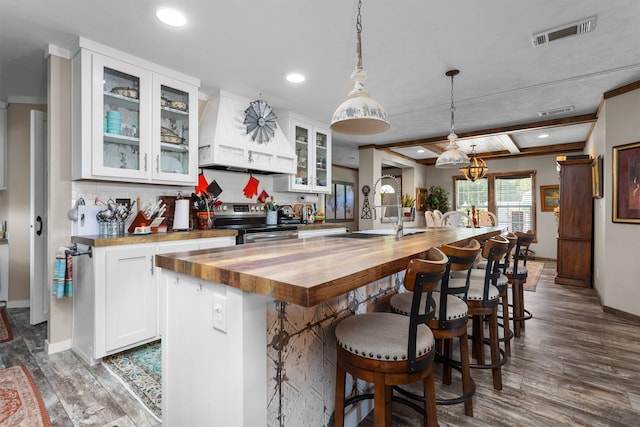 kitchen featuring stainless steel electric range oven, dark hardwood / wood-style floors, custom exhaust hood, and an island with sink