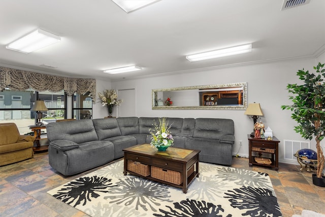 tiled living room with crown molding