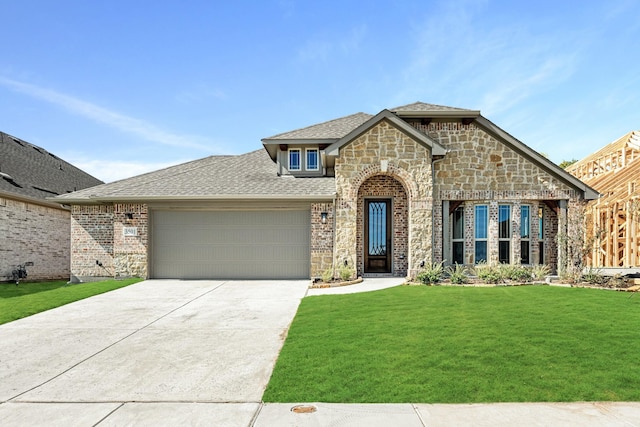 french country style house featuring concrete driveway, an attached garage, a front lawn, and brick siding