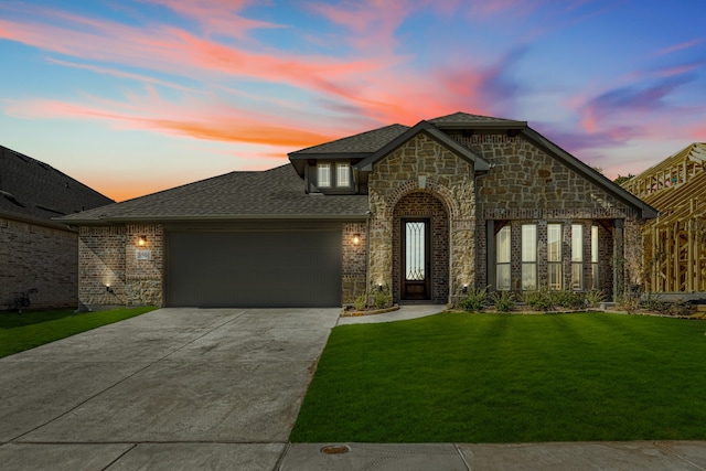 view of front of home featuring a lawn and a garage