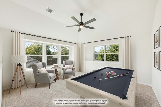 recreation room with high vaulted ceiling, billiards, carpet, and ceiling fan