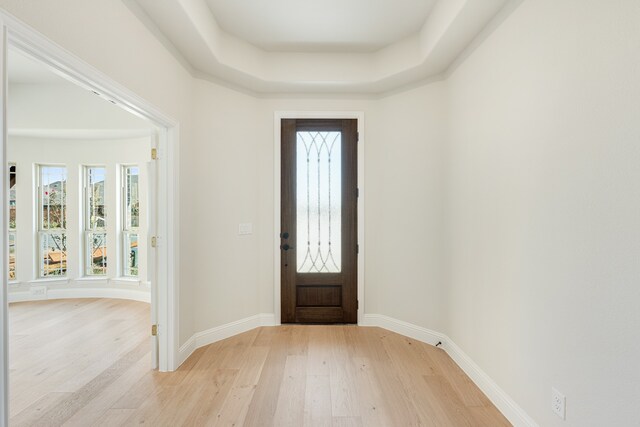 foyer featuring a tray ceiling and light wood-type flooring