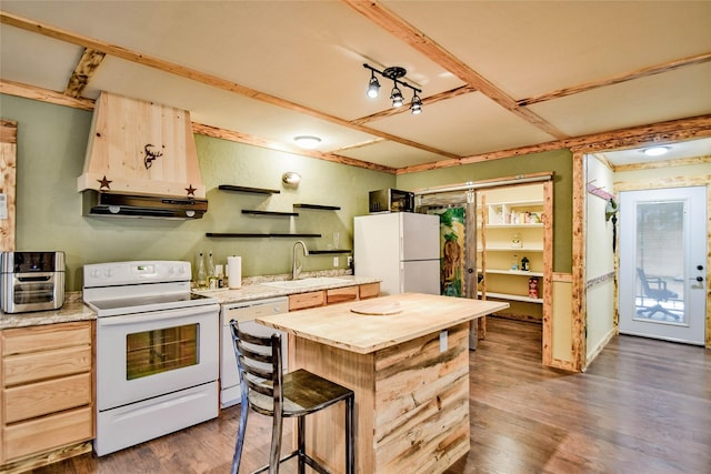 kitchen with light brown cabinetry, sink, white appliances, and dark wood-type flooring