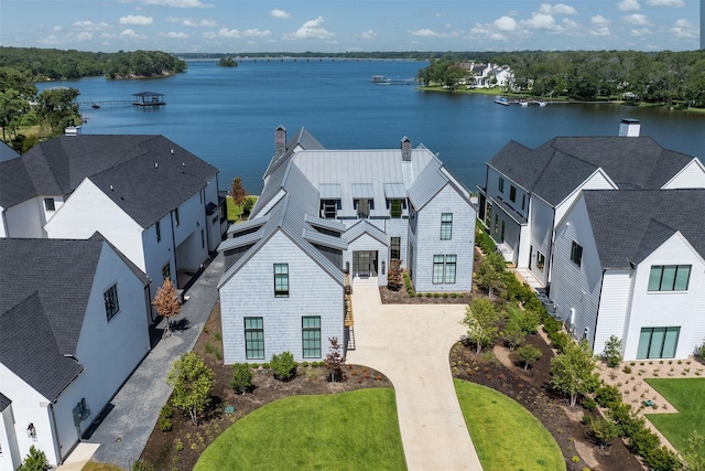 drone / aerial view featuring a water view